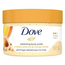 dove exfoliating body polish with crushed almond and mango butter 298g.